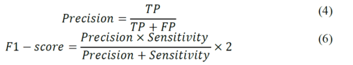 Equations 4 and 5 for precision and F1-score